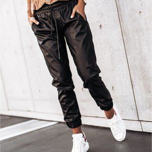 Pocketed Drawstring Faux Leather Joggers